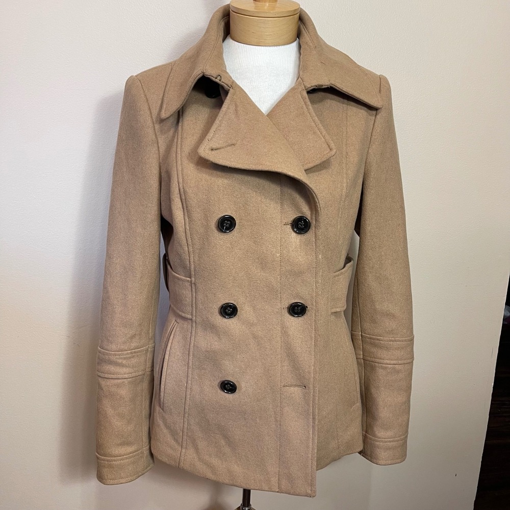 Moda International Womens Camel Tan Wool Blend Double Breasted Pea Coat Size M